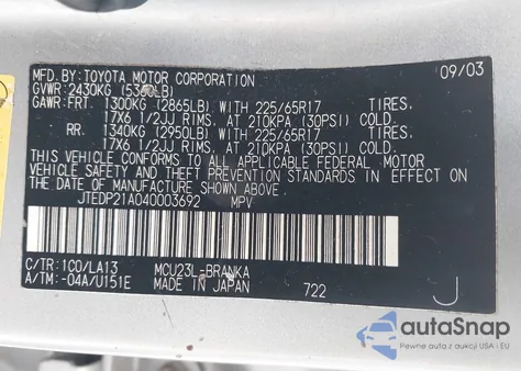 2004 Toyota Highlander V6 из США, поврежденный, VIN JTEDP21A04000369